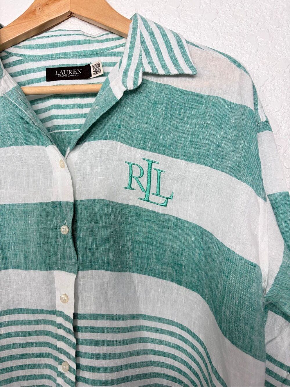 Lauren Ralph Lauren Oversized Striped Linen Shirt Green White Size M - Picture 6 of 12